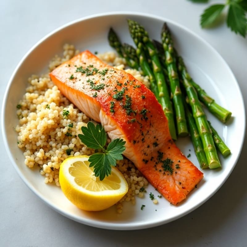 Crispy Pan-Seared Salmon with Lemon-Herb Quinoa and Roasted Asparagus