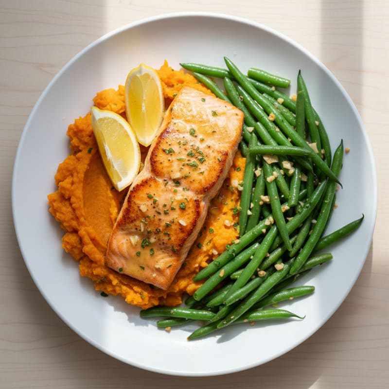 Seared Salmon with Garlic Green Beans and Sweet Potato Mash