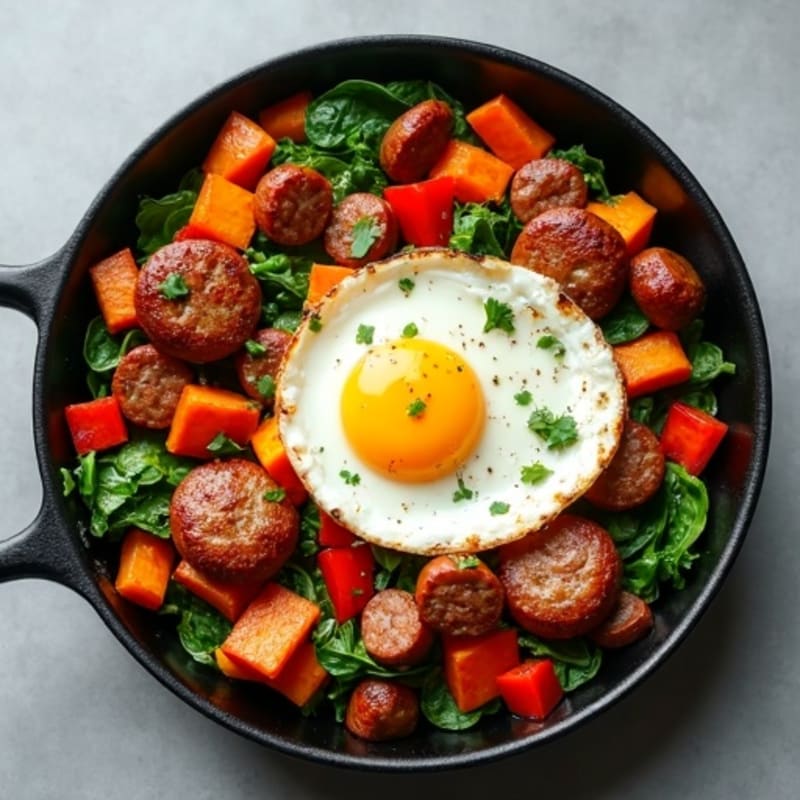 Crispy Sweet Potato and Lean Turkey Sausage Skillet with Baked Eggs