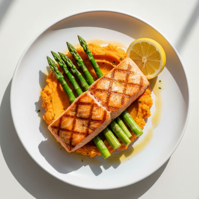 Seared Salmon Fillet with Steamed Asparagus and Sweet Potato Mash
