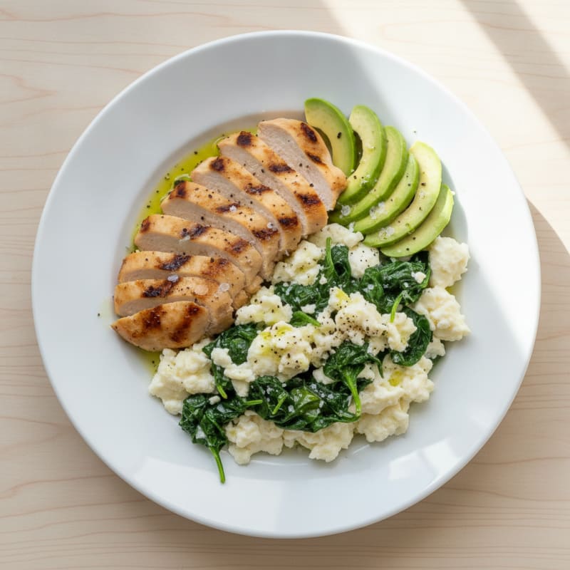 Egg White Spinach Scramble with Avocado and Grilled Chicken