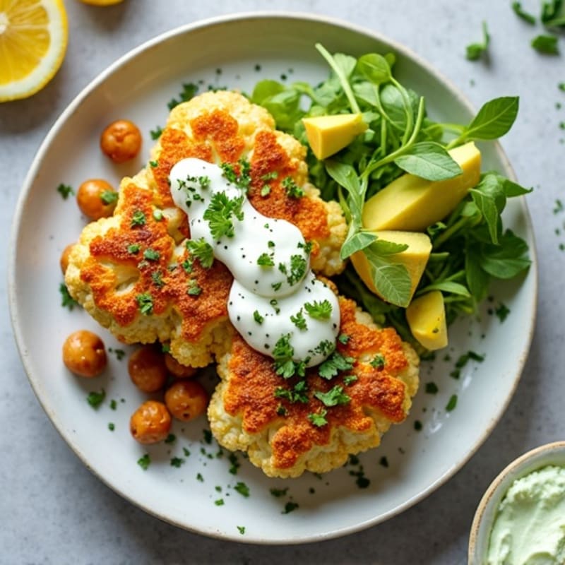 Crispy Chickpea and Roasted Cauliflower Steaks with Creamy Green Goddess Dressing