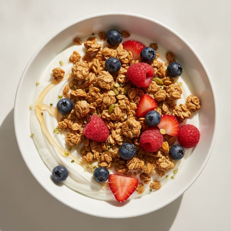 Silky Greek Yogurt Bowl with Protein Granola and Mixed Berries