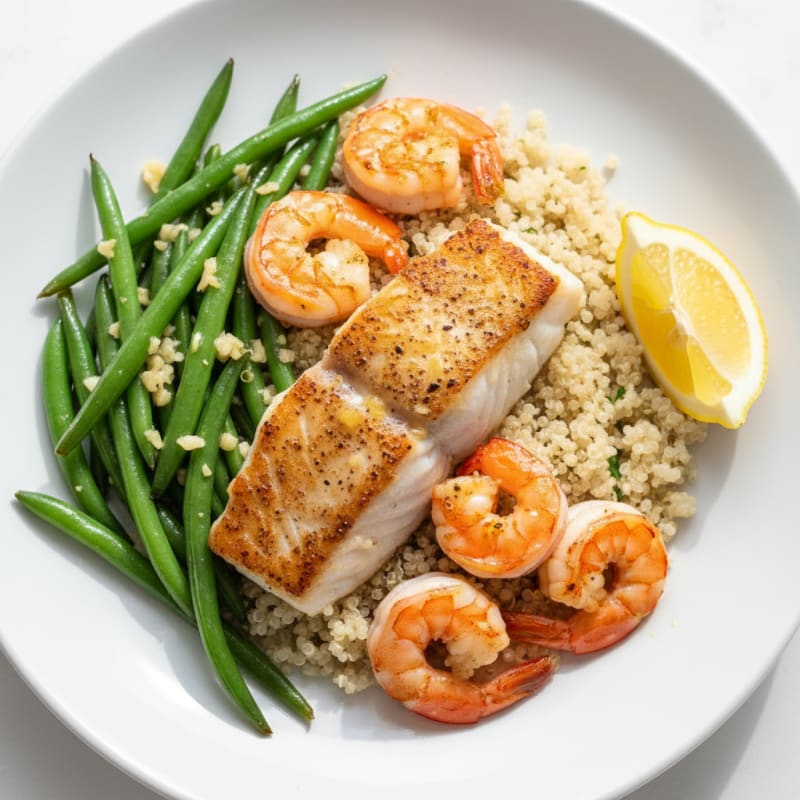 Pan-Seared White Fish with Garlic Green Beans and Quinoa