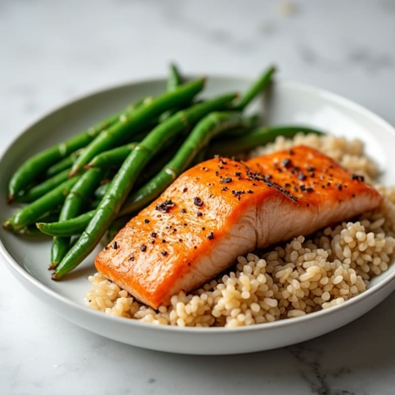 Seared Salmon with Garlic Green Beans and Brown Rice