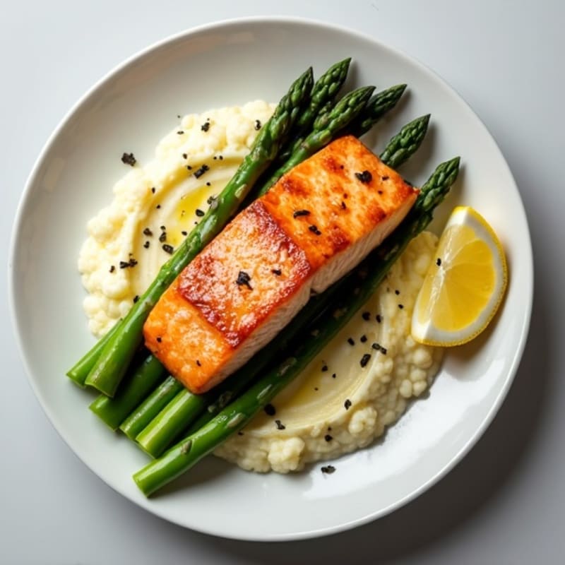 Seared Salmon with Steamed Asparagus and Cauliflower Mash