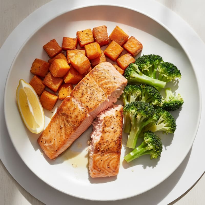 Seared Salmon with Roasted Sweet Potatoes and Steamed Broccoli