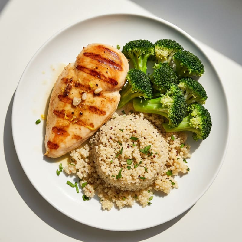 Grilled Lemon Garlic Chicken Breast with Quinoa and Steamed Broccoli