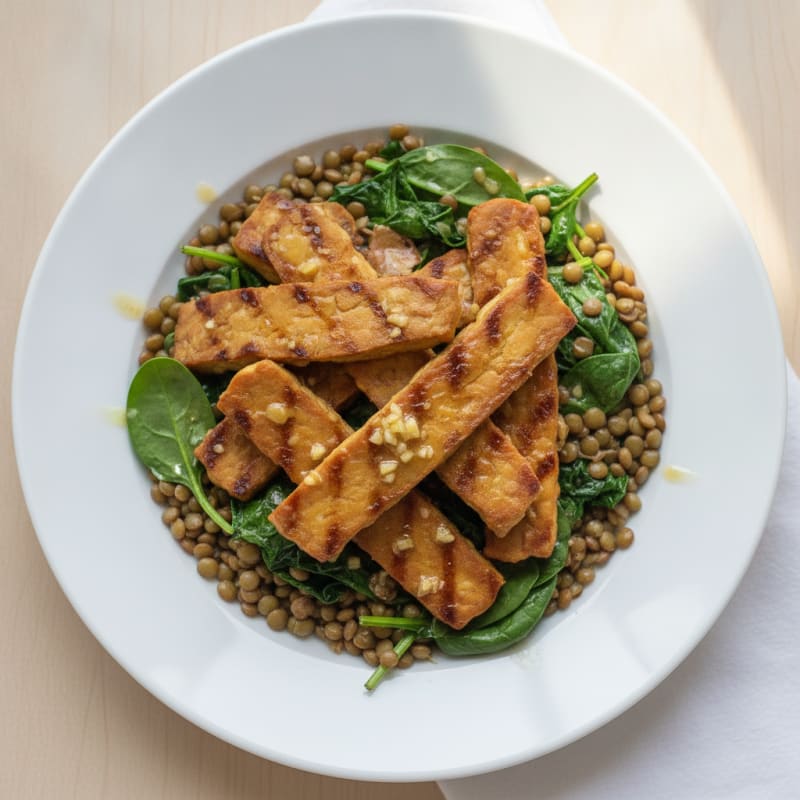 Grilled Marinated Tempeh with Sautéed Greens and Lentils