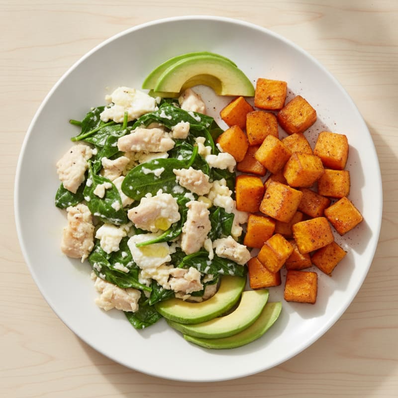 Chicken and Egg White Scramble with Roasted Sweet Potato Cubes