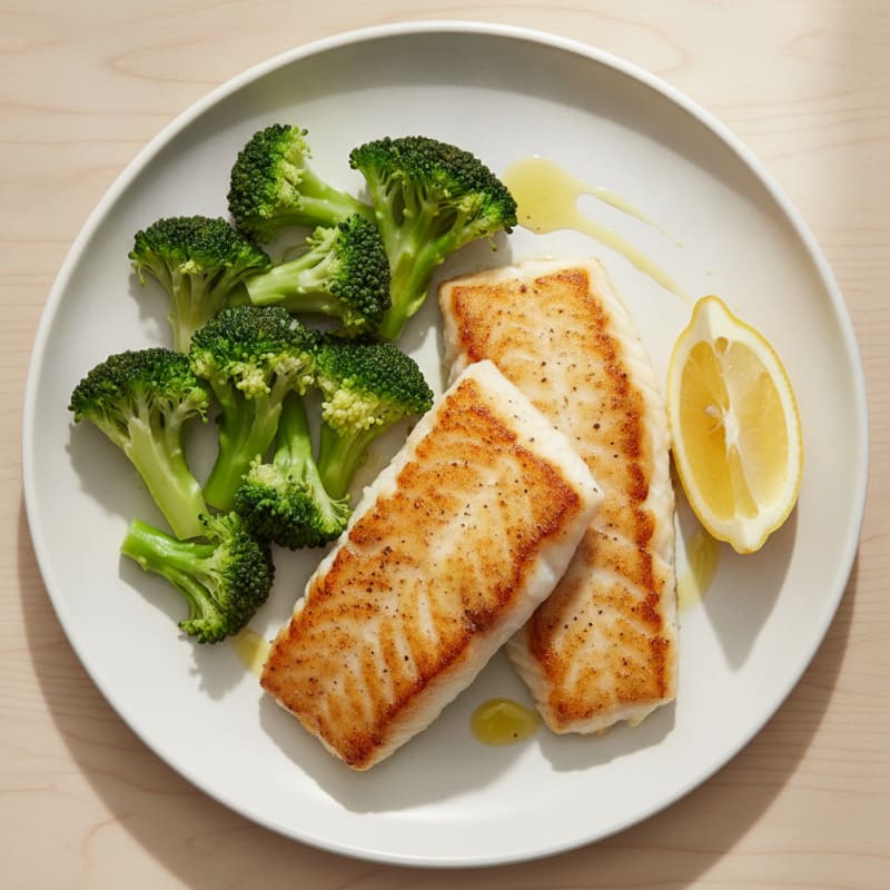 Seared Cod Fillet with Steamed Broccoli and Lemon