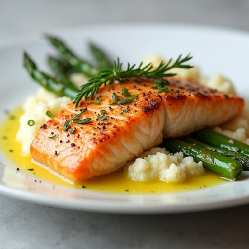 Seared Salmon Fillet with Roasted Asparagus and Cauliflower Mash