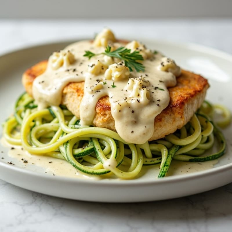 Creamy Cauliflower Alfredo Chicken with Zucchini Noodles