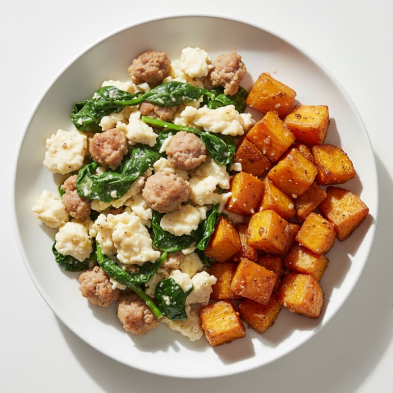 Egg White and Turkey Sausage Scramble with Spinach and Roasted Sweet Potatoes
