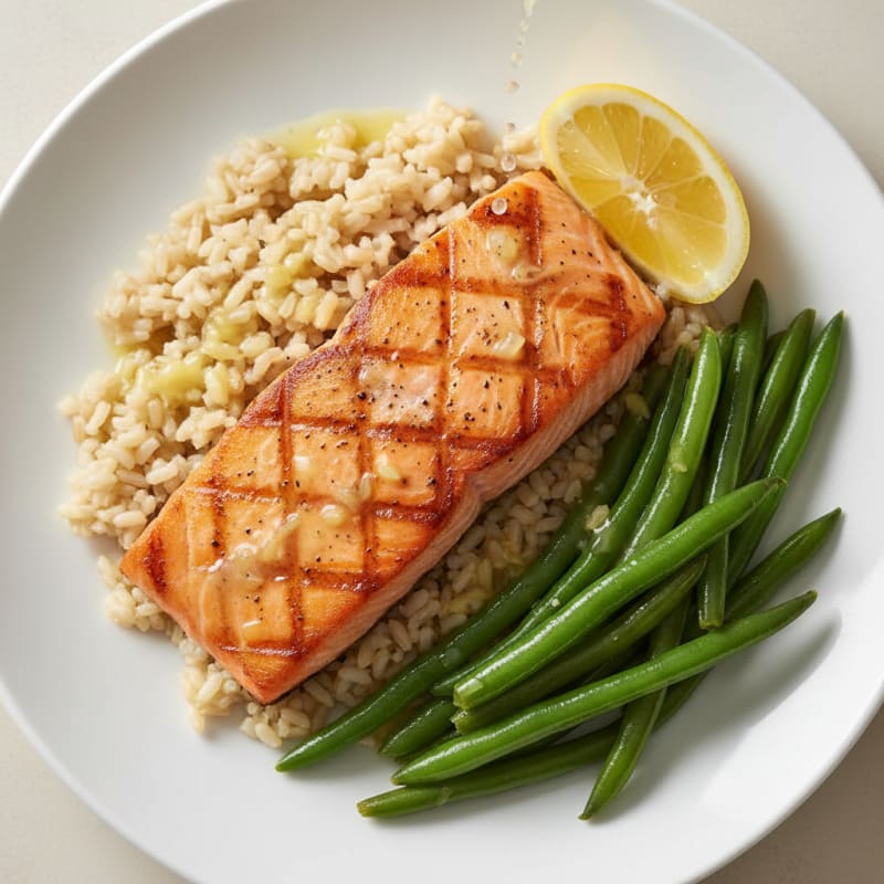 Seared Salmon with Steamed Green Beans and Brown Rice