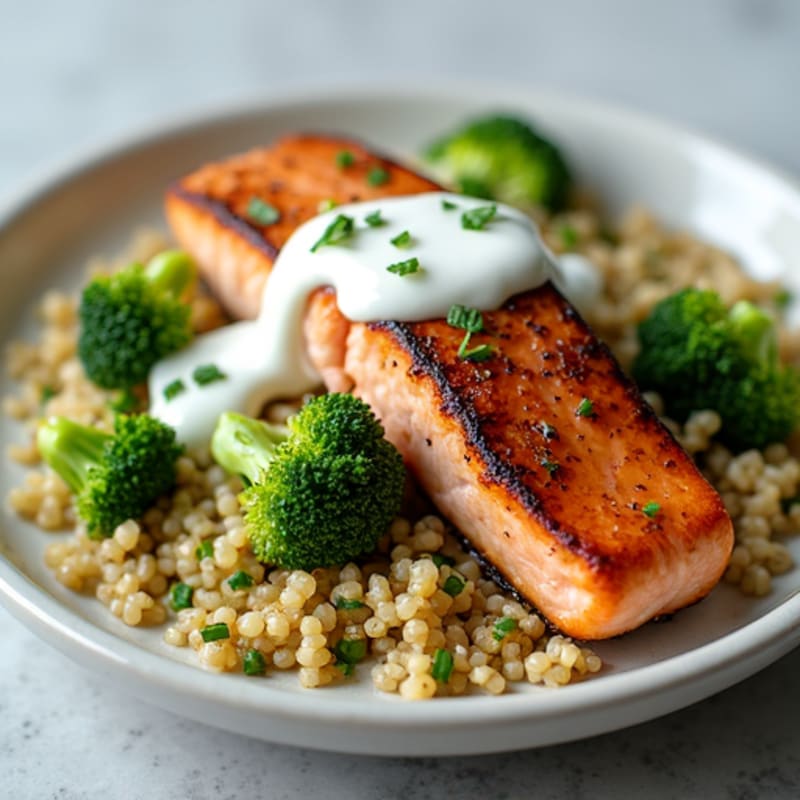 Grilled Salmon over Quinoa and Roasted Broccoli
