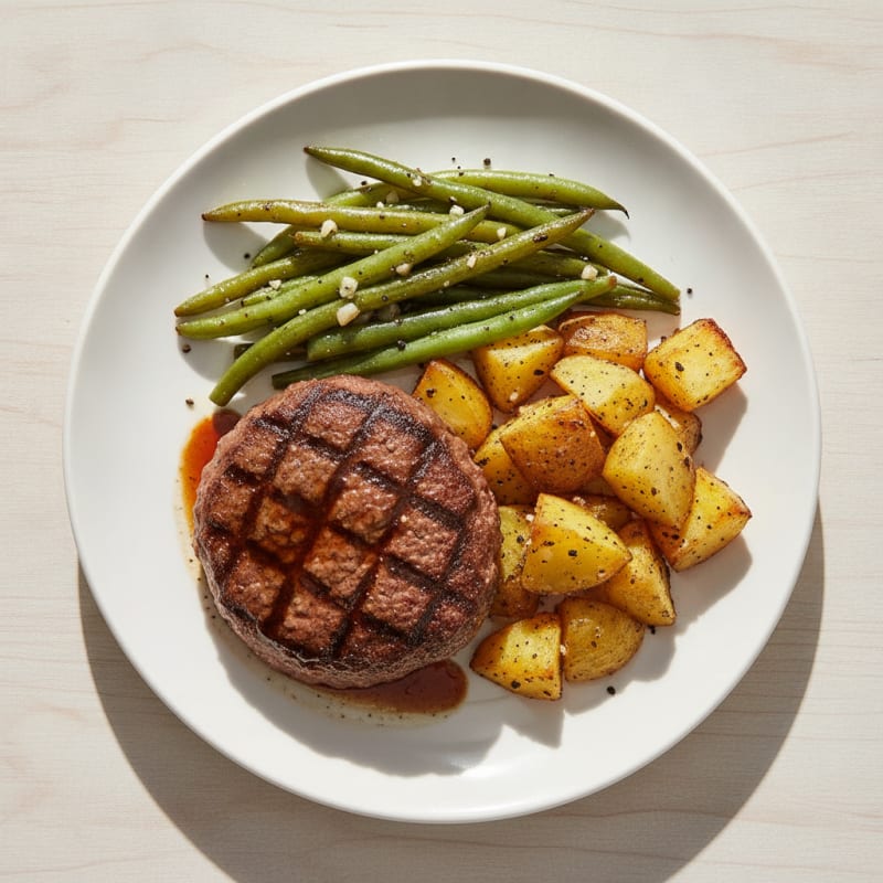 Seared Beef Patty with Roasted Green Beans and Crispy Potatoes