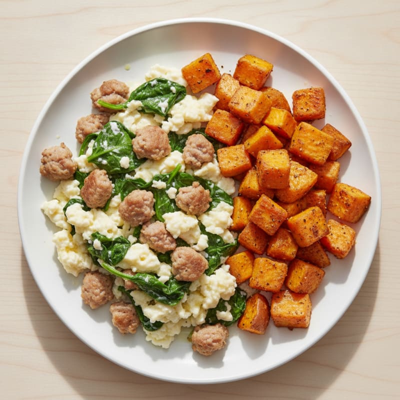 Egg White and Turkey Sausage Scramble with Spinach and Roasted Sweet Potatoes
