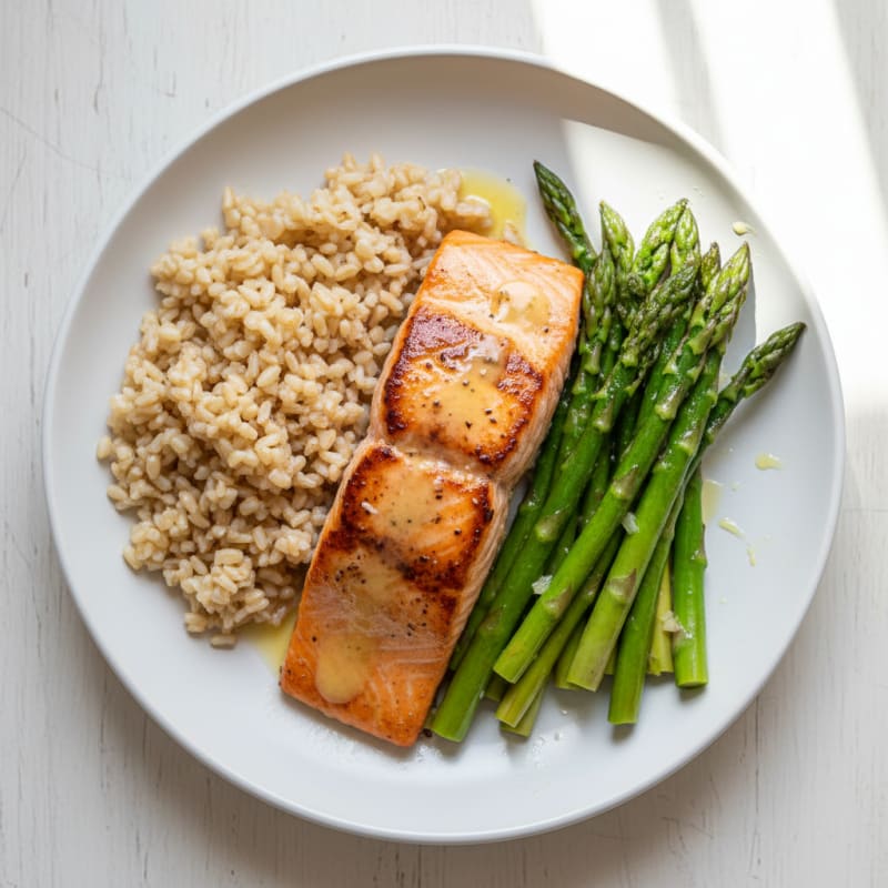 Seared Salmon with Steamed Asparagus and Brown Rice