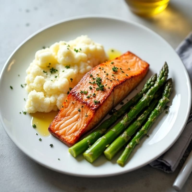 Seared Salmon with Steamed Asparagus and Mashed Cauliflower