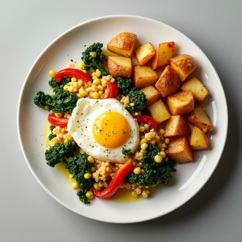 Egg and Turkey Scramble with Spinach, Peppers, and Roasted Potatoes
