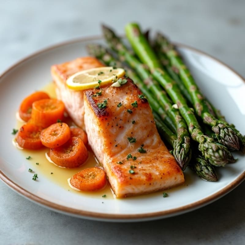 Seared Salmon Fillet with Roasted Sweet Potatoes and Asparagus