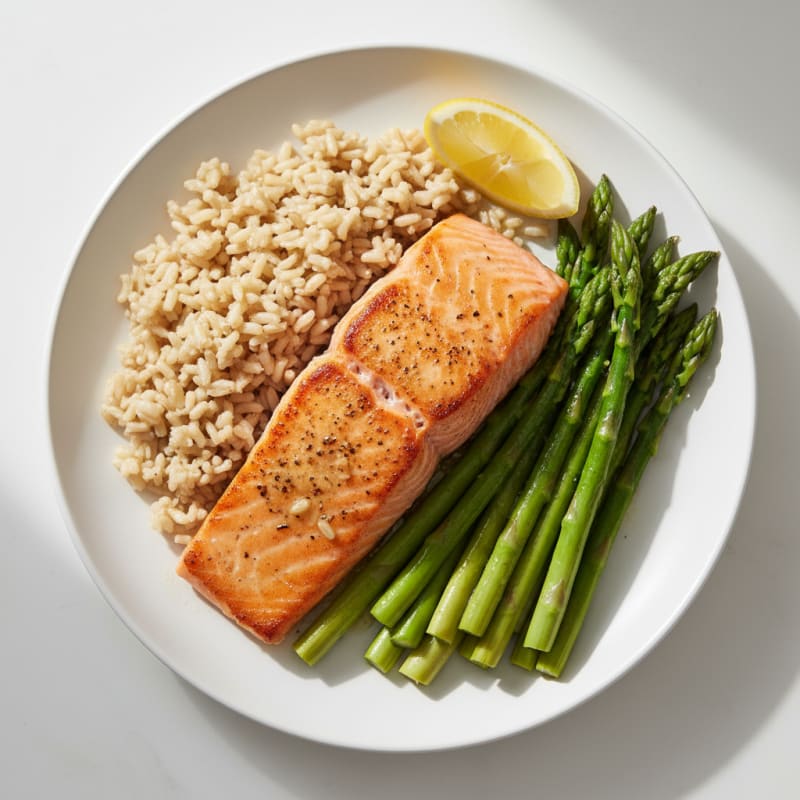 Seared Salmon Fillet with Steamed Asparagus and Brown Rice