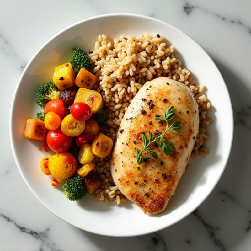 Lemon Herb Roasted Chicken with Crispy Vegetables and Brown Rice