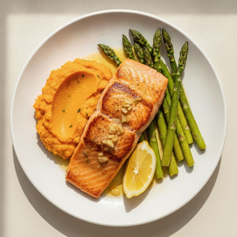 Seared Salmon Fillet with Roasted Asparagus and Sweet Potato Mash