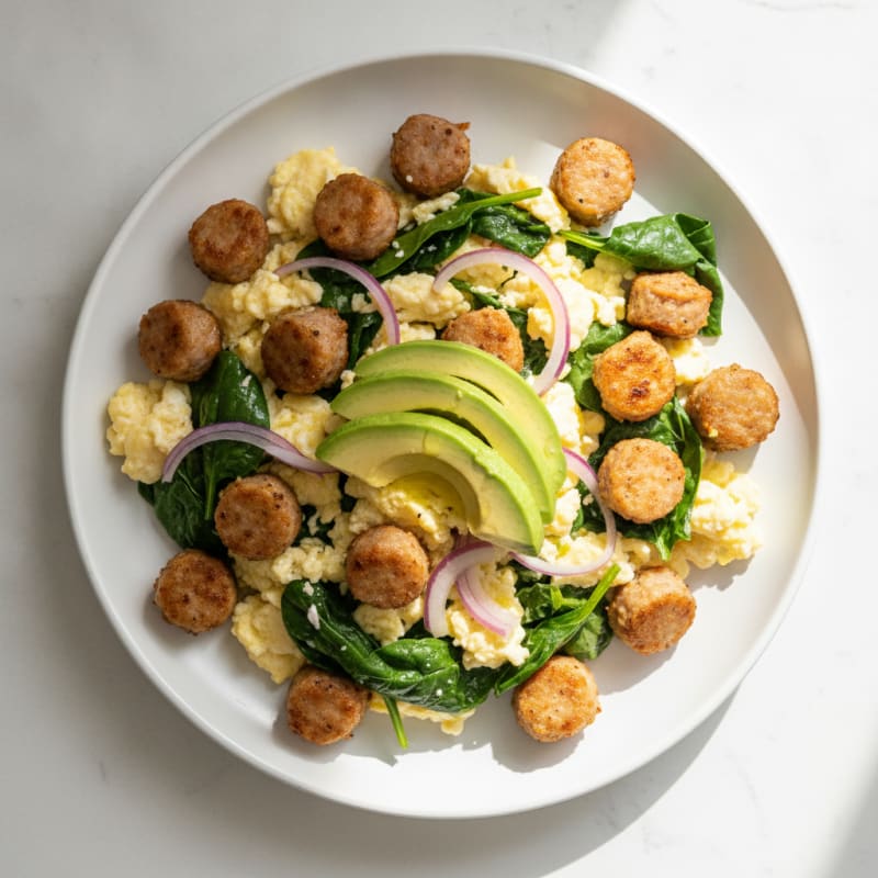 Crispy Turkey Sausage and Egg White Scramble with Sautéed Spinach