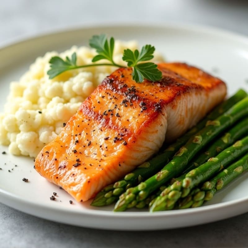 Seared Salmon with Steamed Asparagus and Garlic Mashed Cauliflower