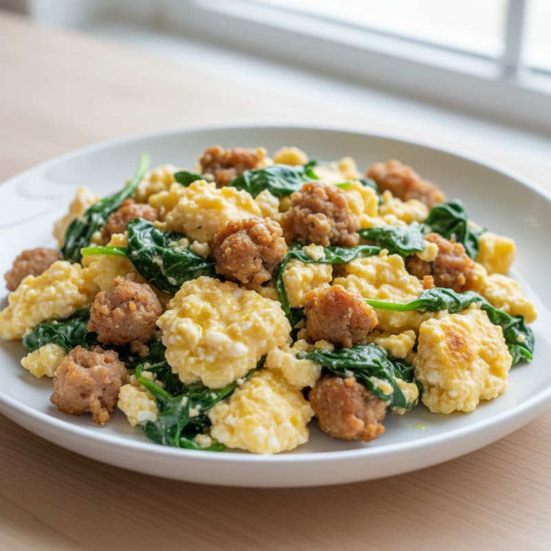 Cottage Cheese Scramble with Turkey Sausage and Spinach