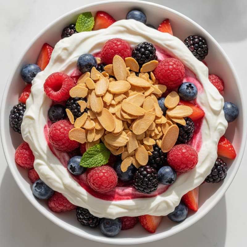 Greek Yogurt Protein Parfait with Mixed Berries and Almonds