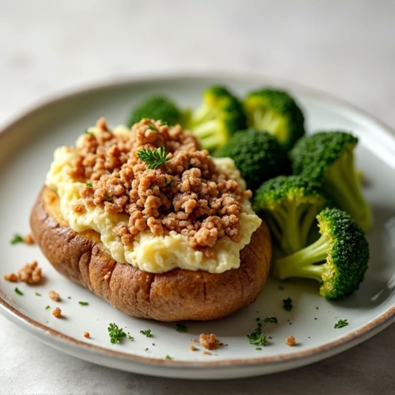 Fluffy Baked Potato with Lean Ground Turkey and Roasted Broccoli