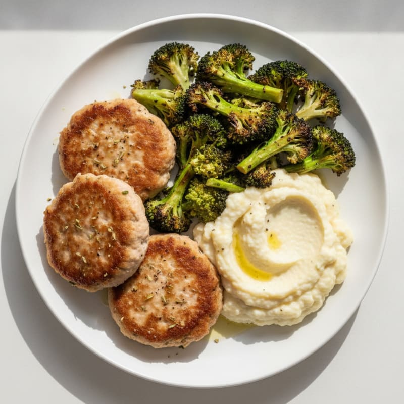 Seared Turkey Patties with Roasted Broccoli and Cauliflower Mash