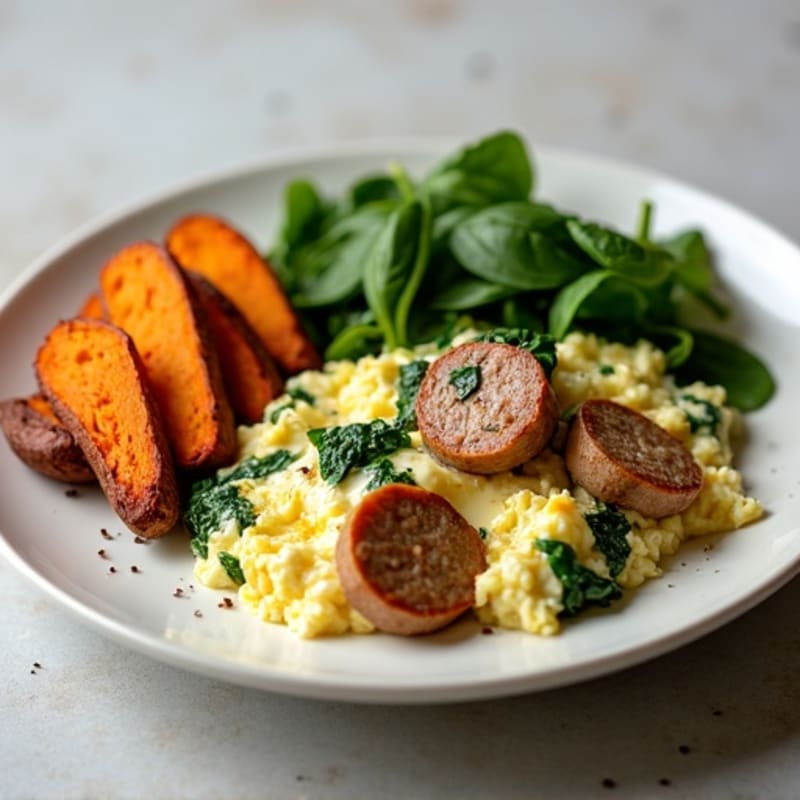 Egg White and Turkey Sausage Scramble with Spinach and Roasted Sweet Potatoes