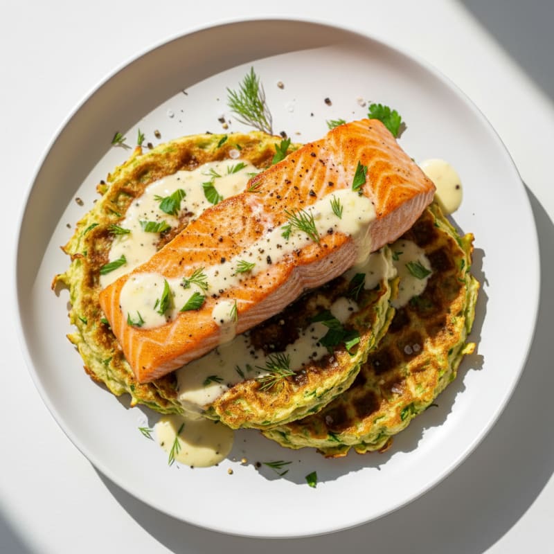 Crispy Zucchini Waffles with Golden Salmon
