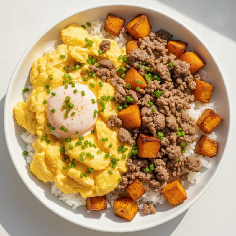 Creamy Scrambled Eggs with Sautéed Sweet Potatoes and Rice