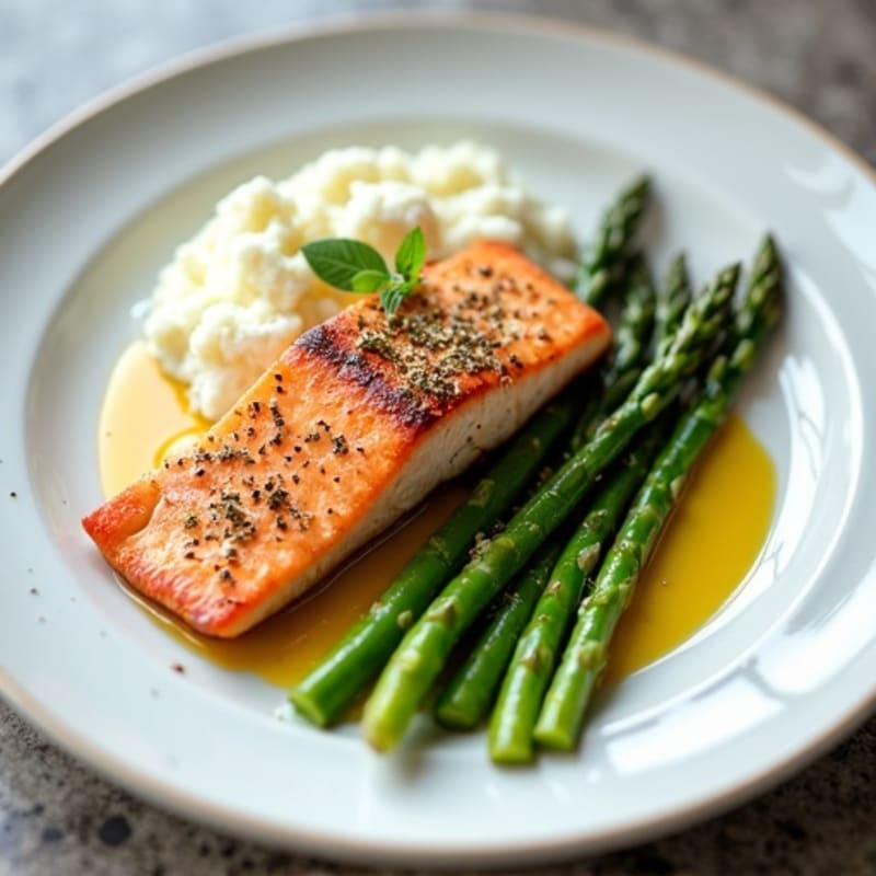 Seared Salmon with Steamed Asparagus and Cauliflower Mash