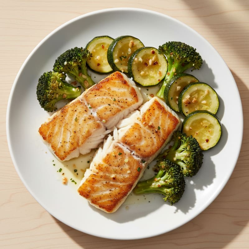 Pan-Seared White Fish with Roasted Zucchini and Broccoli
