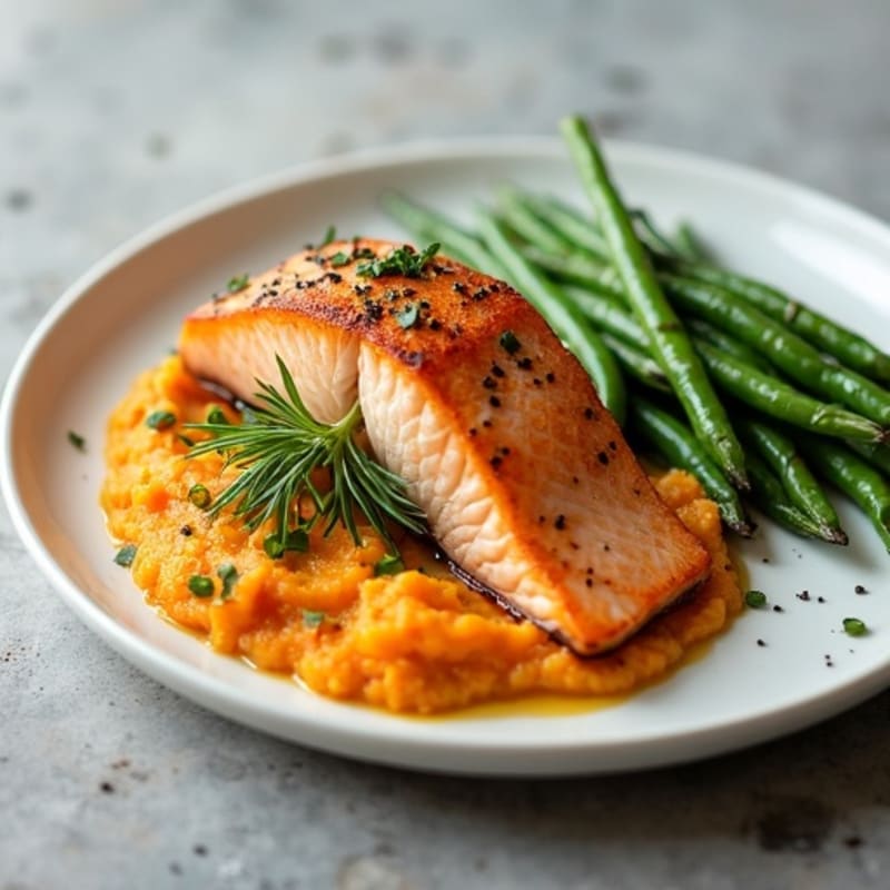 Seared Salmon with Garlic Green Beans and Sweet Potato Mash