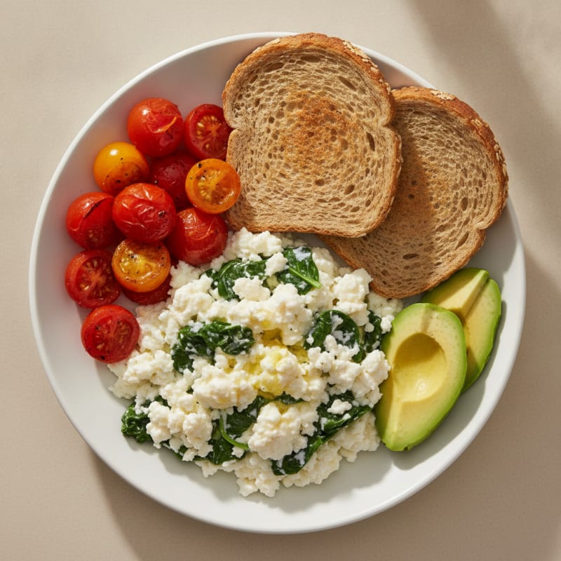 Cottage Cheese Egg White Scramble with Spinach and Cherry Tomatoes