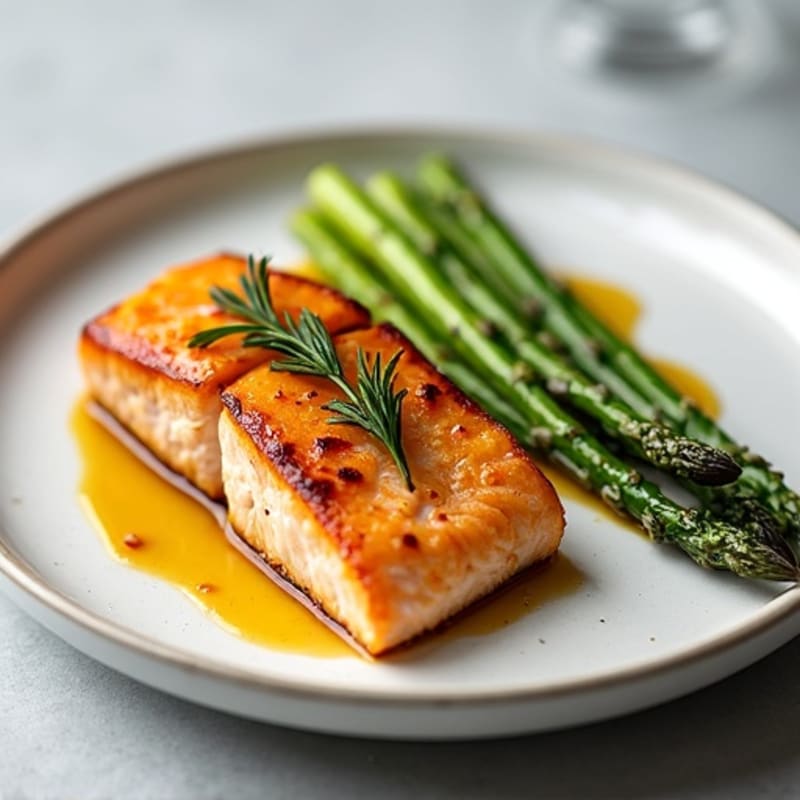 Seared Salmon Fillet with Roasted Sweet Potato and Asparagus