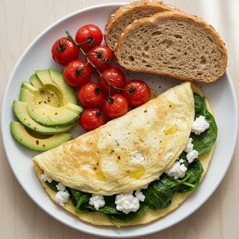 Egg White Spinach Omelette with Cottage Cheese and Cherry Tomatoes