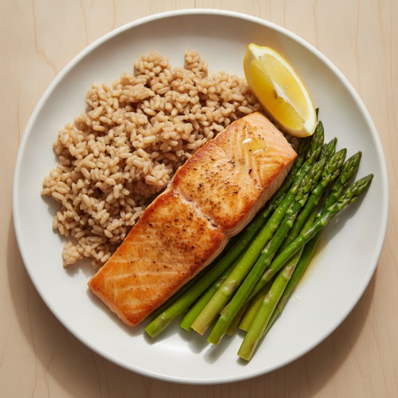 Seared Salmon with Steamed Asparagus and Brown Rice