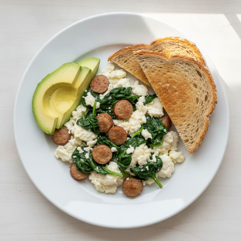 Egg White Scramble with Turkey Sausage and Sautéed Spinach