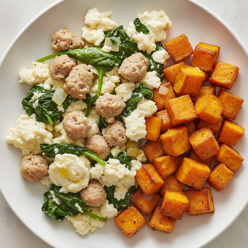Egg White and Turkey Sausage Scramble with Spinach and Roasted Sweet Potato