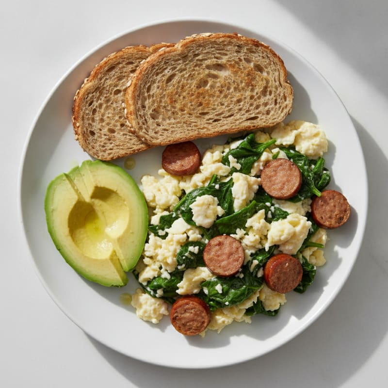 Egg White Spinach Scramble with Turkey Sausage