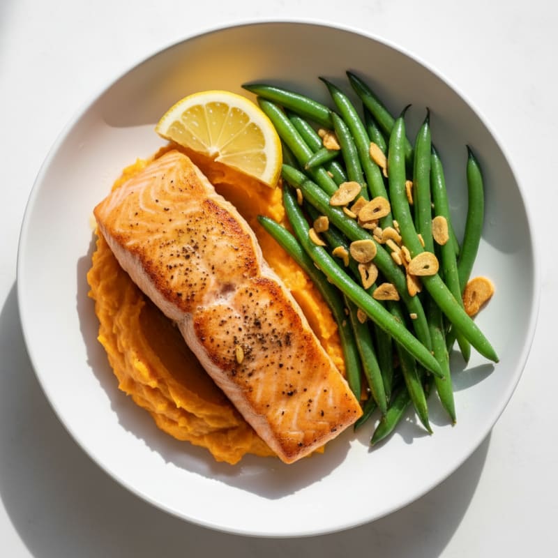 Seared Salmon with Garlic Green Beans and Sweet Potato Mash