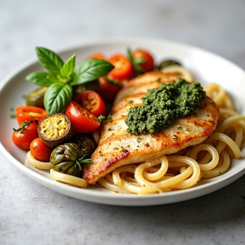 Chicken Pesto with Roasted Vegetables and Whole Wheat Pasta